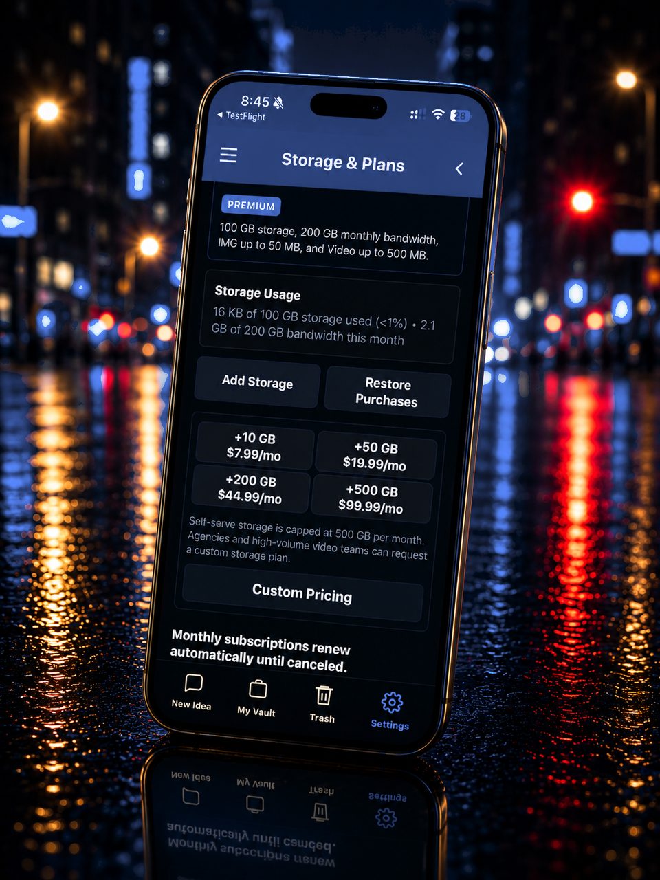 HookVault storage and plan options